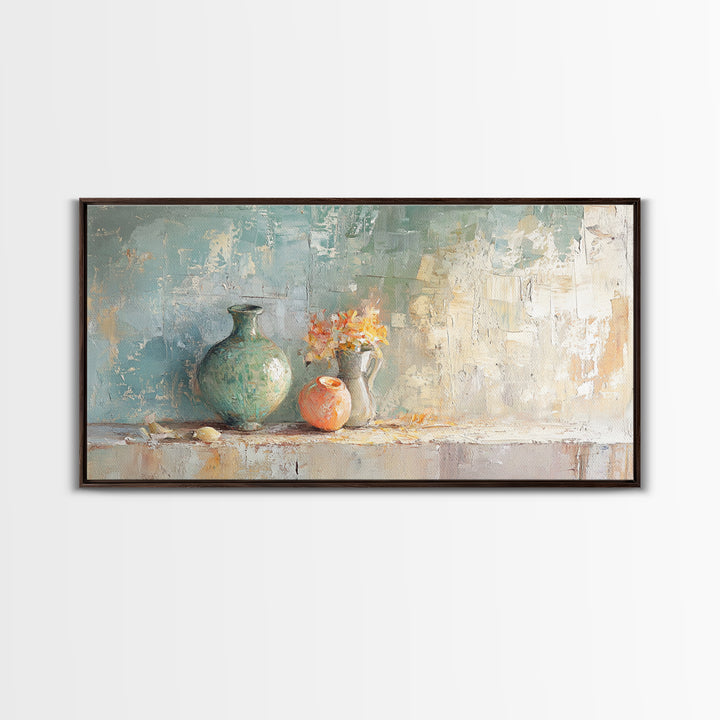 Textured Vases With Tiny Orange Flowers Canvas Print, Neutral Wall Art, Modern Farmhouse Decor, Still Life Painting, Gift For Her