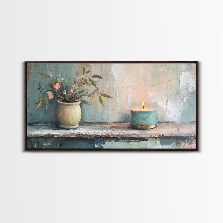 Potted Olive Plant And Candle Canvas Print, Spa Wall Art, Zen Home Decor, Calming Neutral Bathroom Decor Housewarming Gift