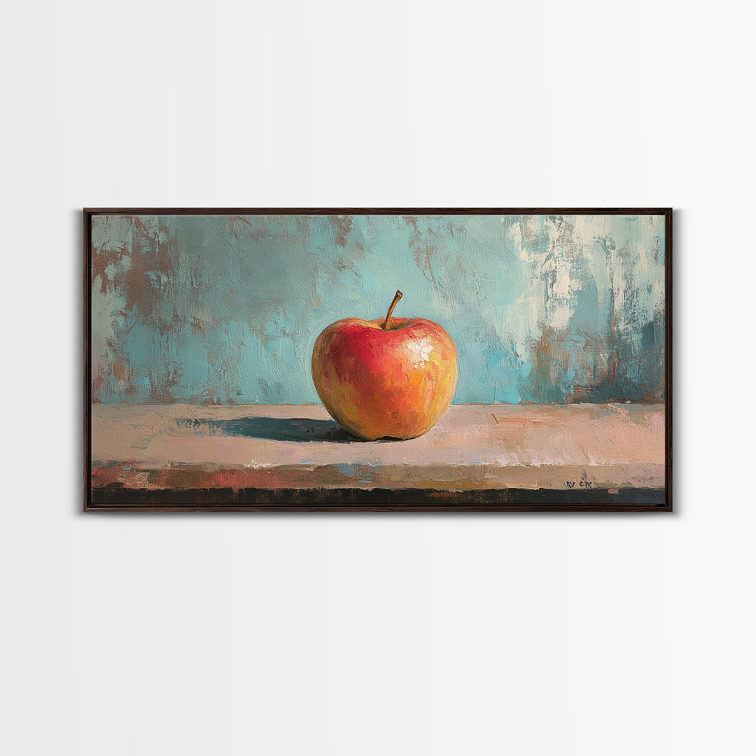 Single Red Apple Still Life Canvas Print, Kitchen Wall Art, Rustic Farmhouse Decor, Minimalist Foodie Gift For Chef Or Baker