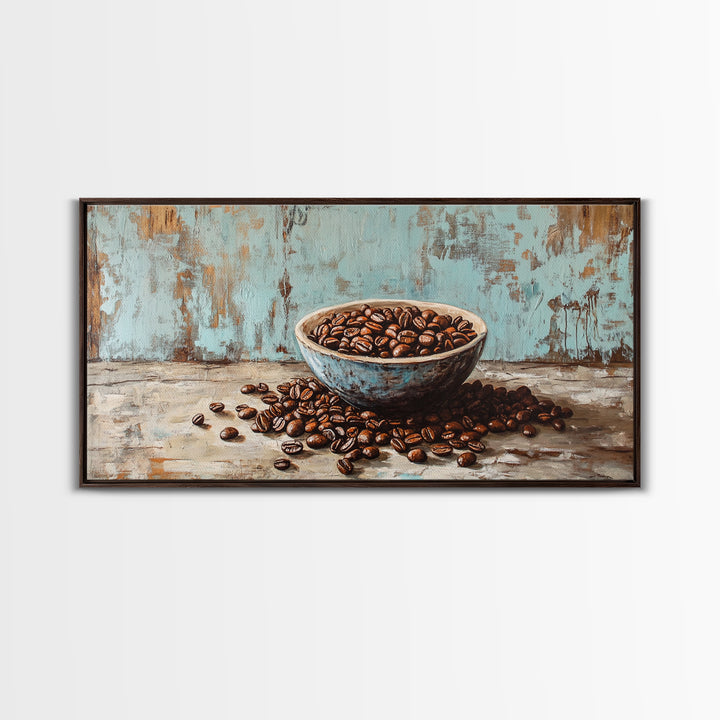 Coffee Beans In Weathered Blue Bowl Wall Art, Coffee Bar Canvas Print, Rustic Kitchen Decor, Cafe Wall Art, Gift For Coffee Lover