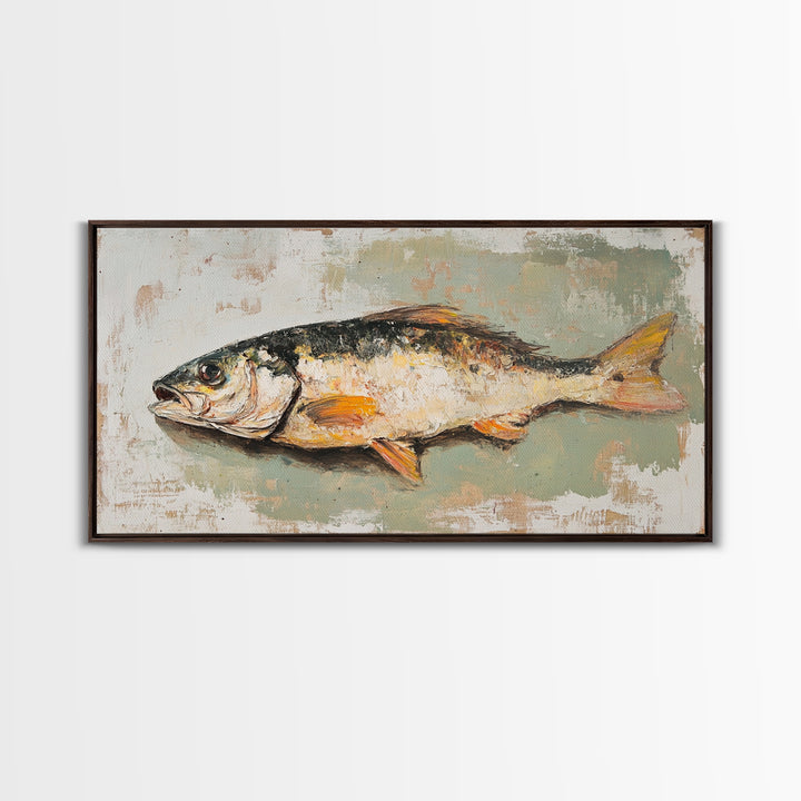 Rustic Fish Still Life Canvas Print, Coastal Kitchen Wall Art, Seafood Wall Decor, Nautical Home Decor For Lake House Gift