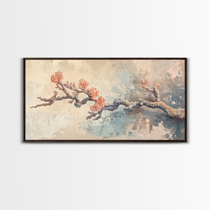 Pink Coral Branch Coastal Wall Art, Textured Ocean Art Print, Beach House Decor, Serene Neutral Canvas Print, Nautical Wall Decor