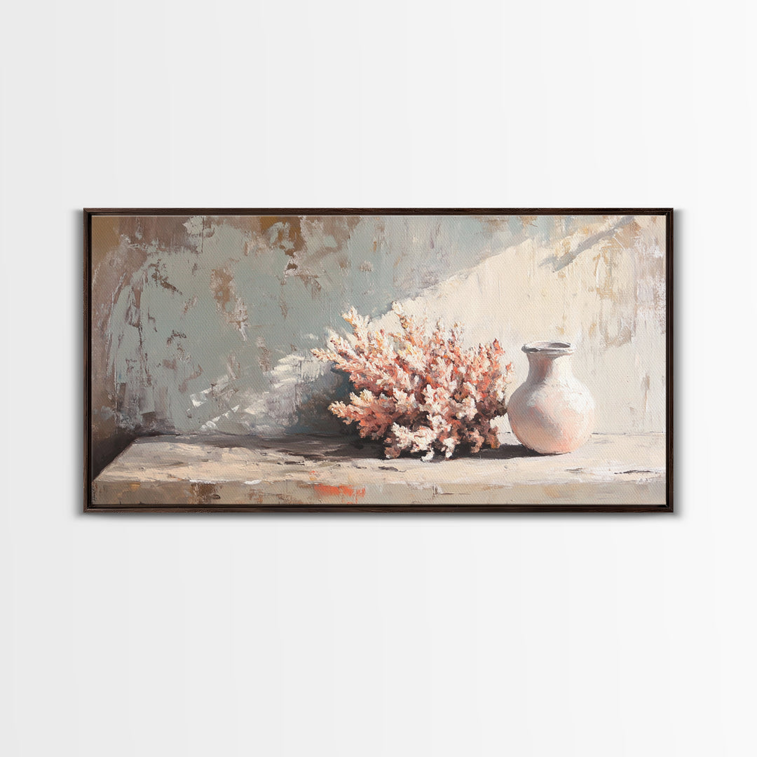 Soft Coral Bouquet And Ceramic Vase Wall Art, Coastal Still Life Print, Neutral Beach House Decor, Modern Home Decor Gift