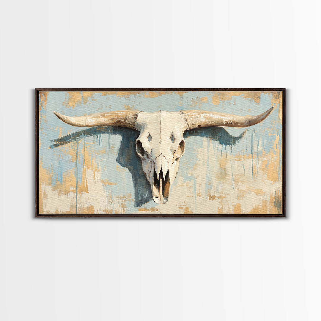 Longhorn Skull On Rustic Blue Plaster Wall Art, Western Ranch Decor, Southwestern Home Decor, Cowboy Canvas Art Print Gift