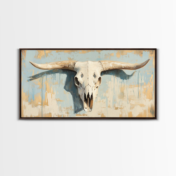 Longhorn Skull On Rustic Blue Plaster Wall Art, Western Ranch Decor, Southwestern Home Decor, Cowboy Canvas Art Print Gift