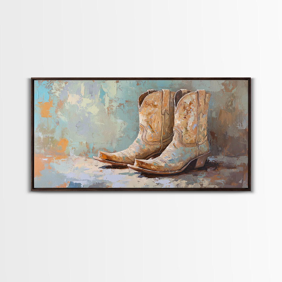 Weathered Cowboy Boots On Textured Blue Canvas Print, Western Wall Decor, Rustic Ranch Home Decor, Cowgirl Gift For Her Art