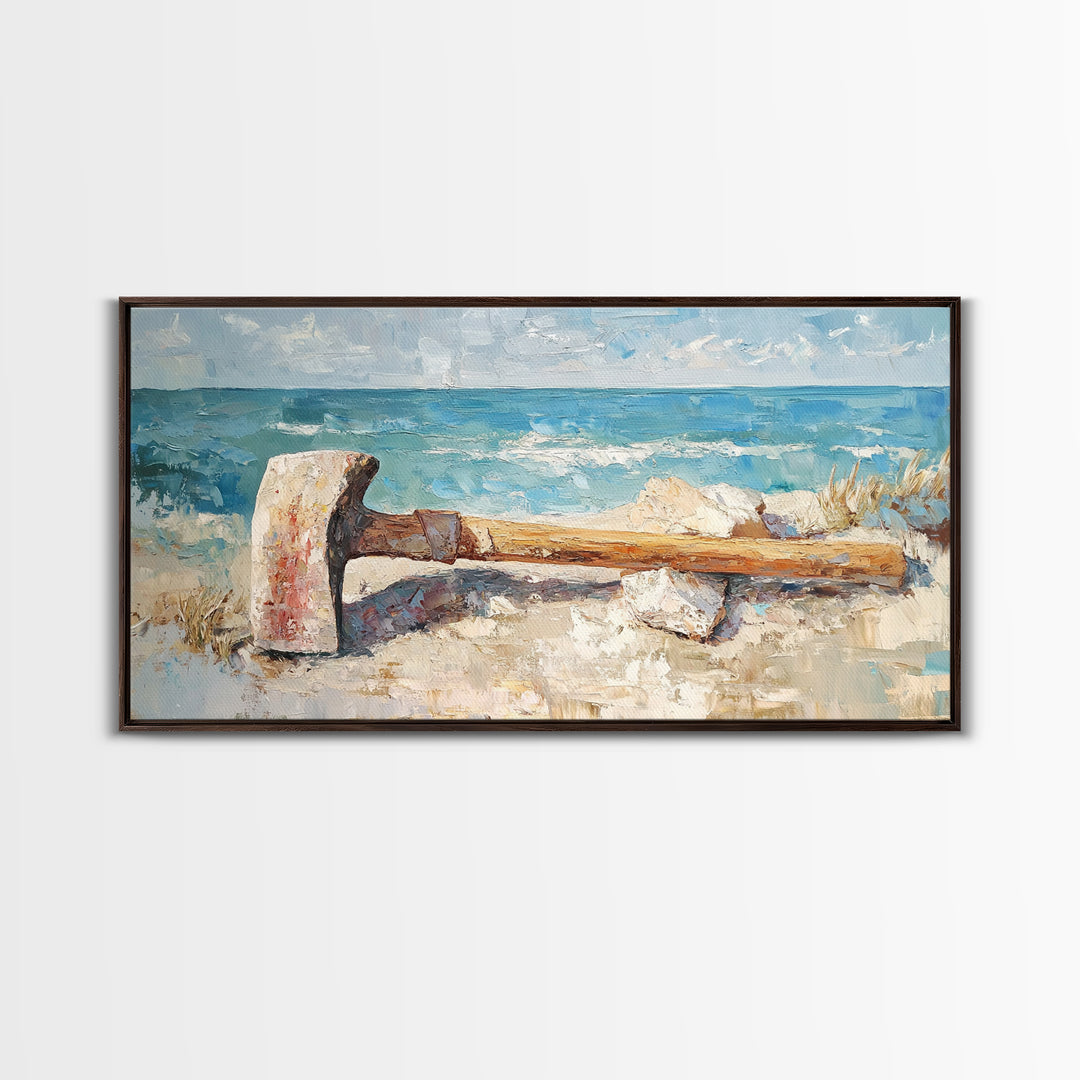 Weathered Axe On Sandy Beach Canvas Print, Coastal Wall Art, Nautical Home Decor, Rustic Seaside Ocean Landscape Gift For Him