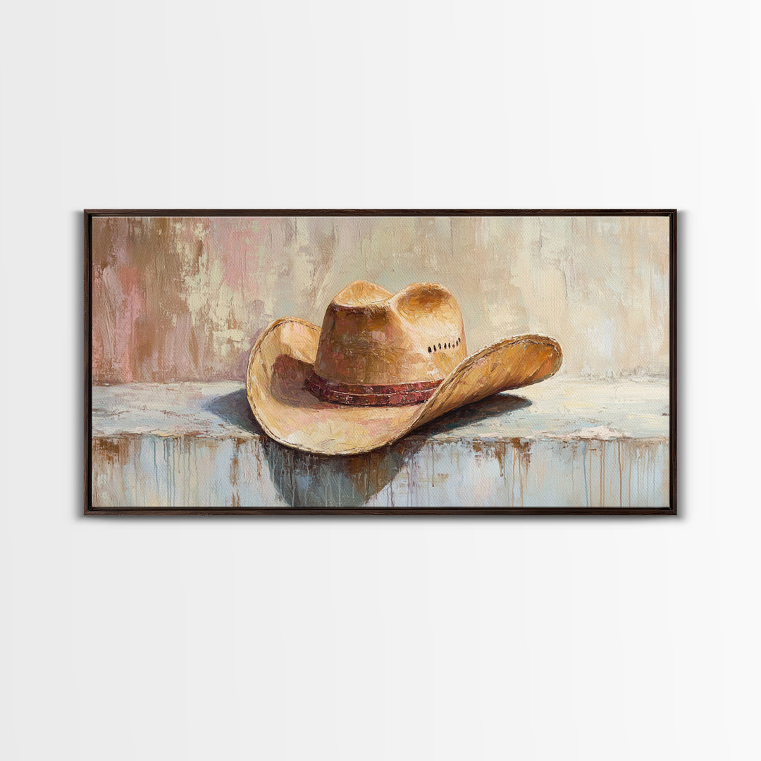 Worn Cowboy Hat On Rustic Shelf Wall Art, Western Home Decor, Cowgirl Wall Decor, Ranch Housewarming Gift, Canvas Print Idea