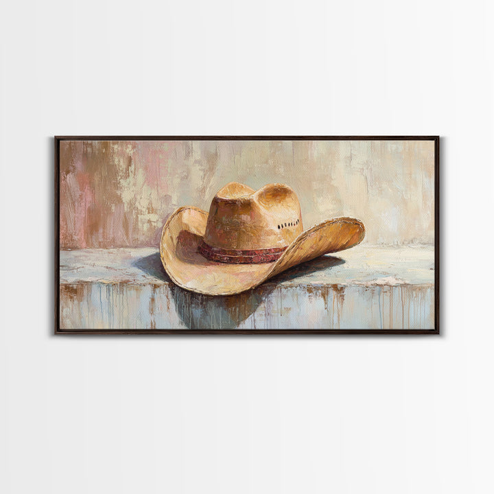Worn Cowboy Hat On Rustic Shelf Wall Art, Western Home Decor, Cowgirl Wall Decor, Ranch Housewarming Gift, Canvas Print Idea