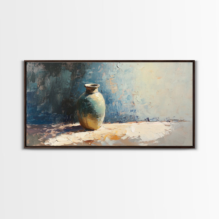 Single Ceramic Vase In Sunlit Blue Abstract Wall Art, Minimalist Home Decor, Still Life Painting, Modern Office Decor Gift