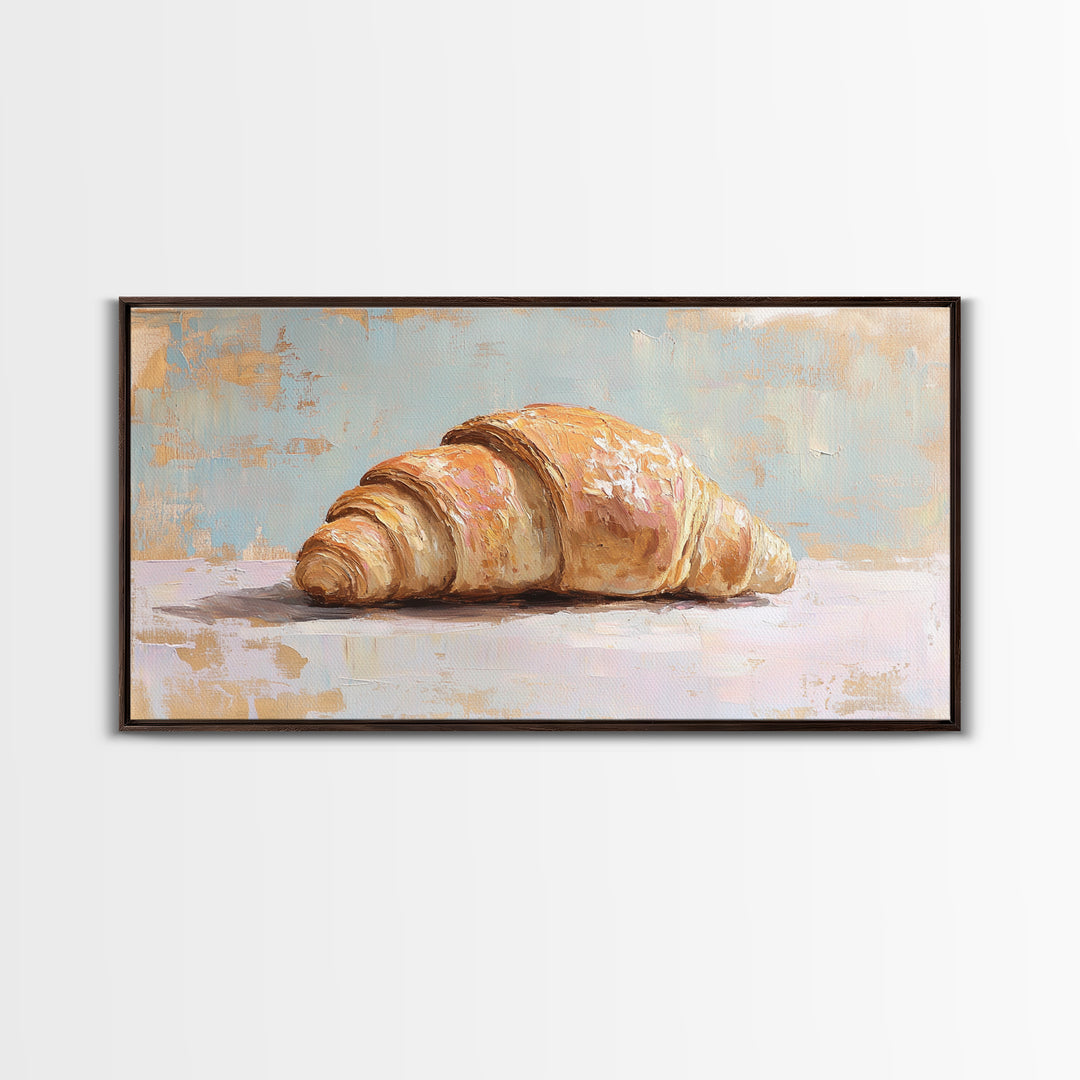 Golden Croissant On Pastel Table Canvas Print, French Bakery Wall Art, Kitchen Decor, Patisserie Print, Foodie Gift For Baker
