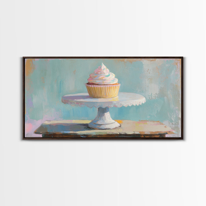 Pastel Cupcake On White Cake Stand Canvas Print, Cute Bakery Wall Art, Kitchen Decor, Dessert Art Print, Birthday Gift For Her