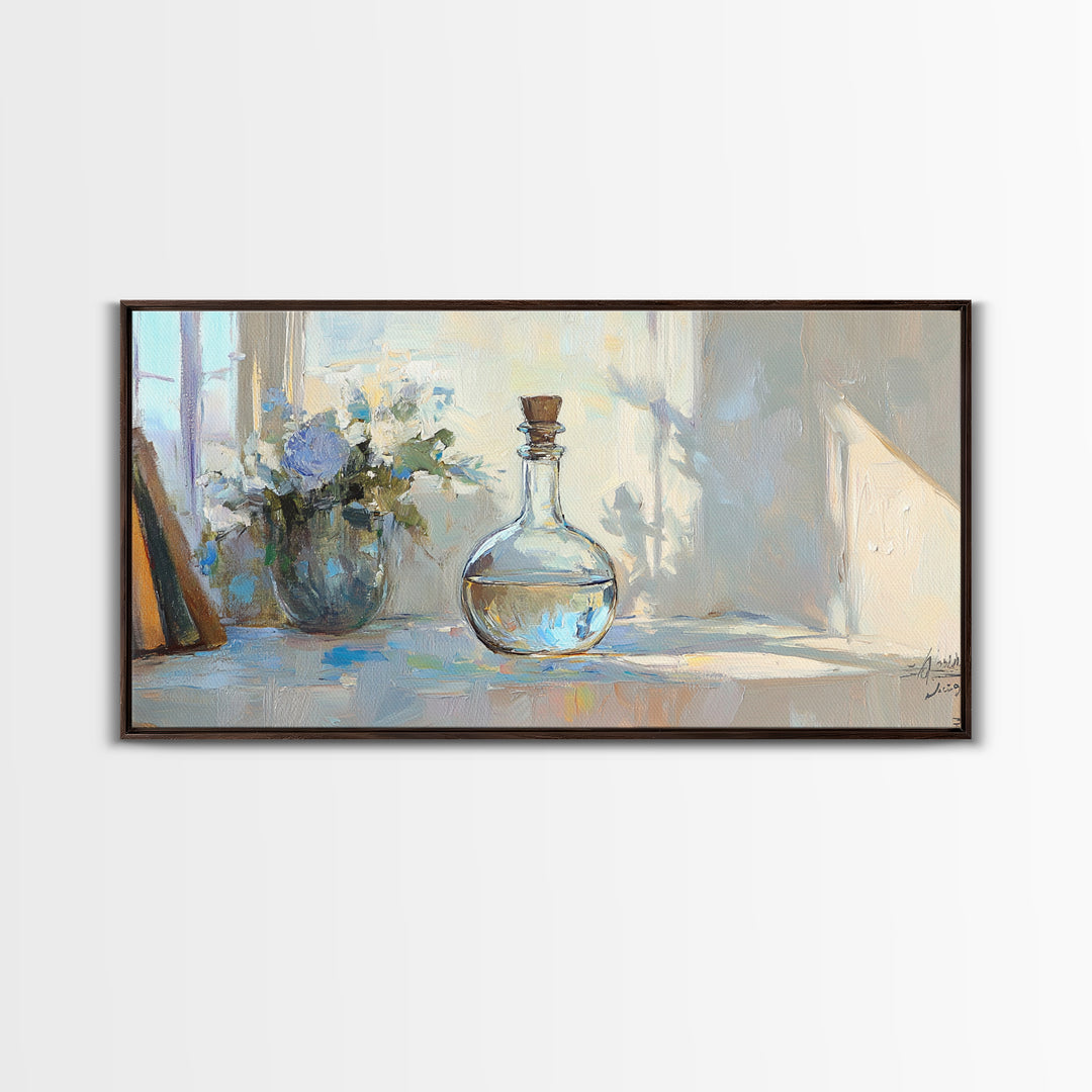 Sunlit Glass Decanter With Blue Flowers Framed Canvas Print, Impressionist Still Life, Neutral Home Decor, Dining Room Wall Art