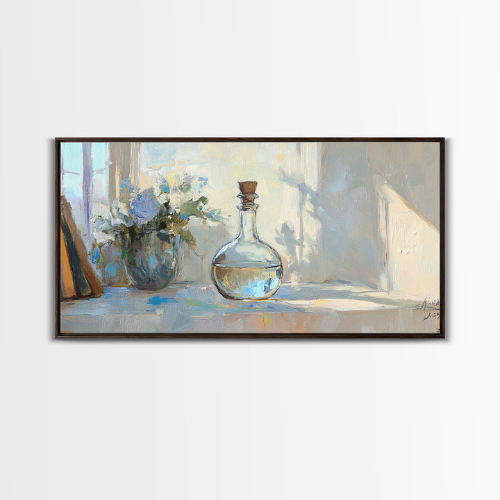 Sunlit Glass Decanter With Blue Flowers Framed Canvas Print, Impressionist Still Life, Neutral Home Decor, Dining Room Wall Art
