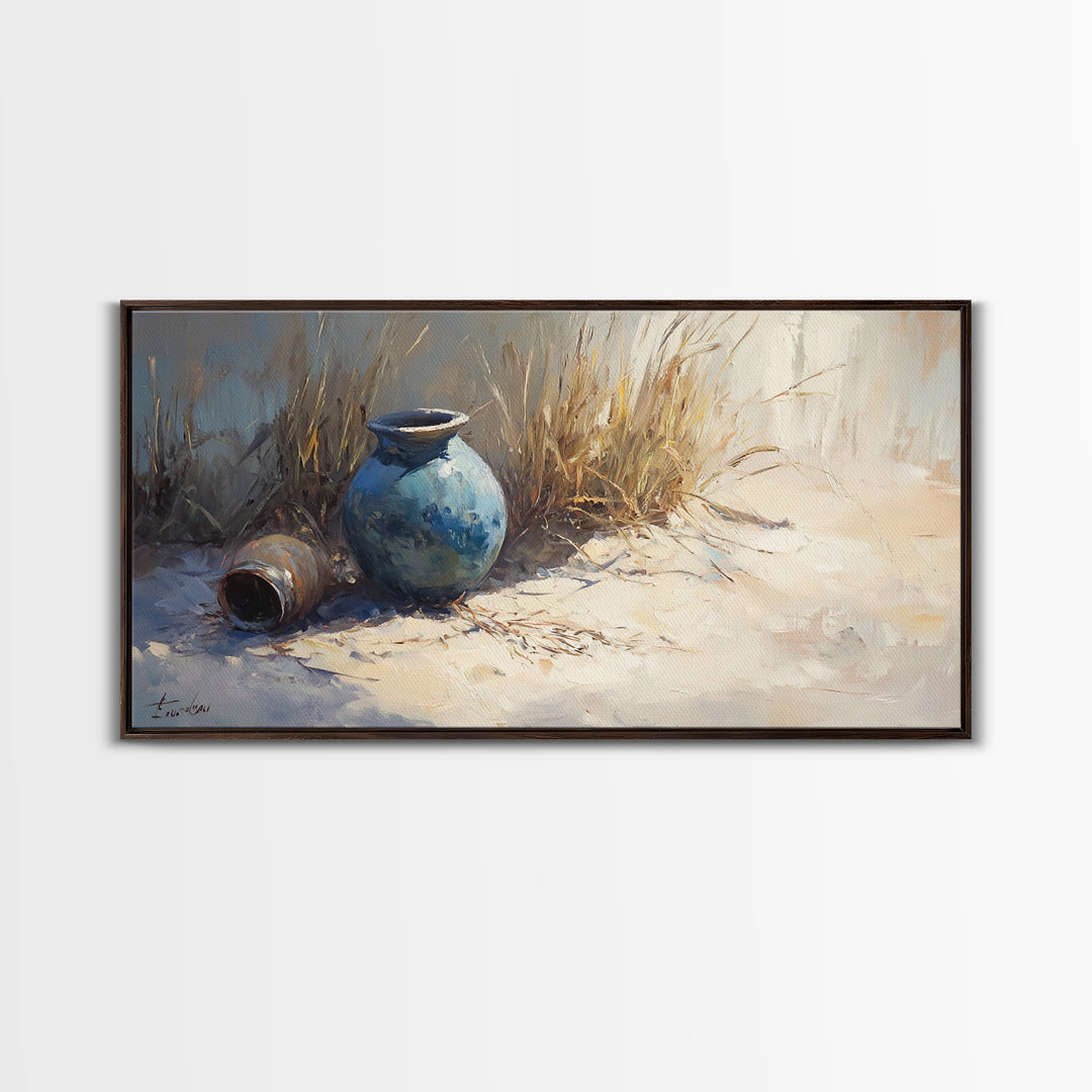 Blue Ceramic Vase In Sunlit Sand Wall Art, Coastal Still Life Canvas, Neutral Beach Decor, Rustic Home Decor, Housewarming Gift