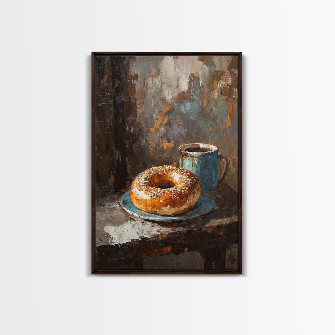 Rustic Coffee And Bagel Still Life Canvas Print, Cozy Kitchen Wall Art, Breakfast Nook Decor, Cafe Art Print Gift For Foodie