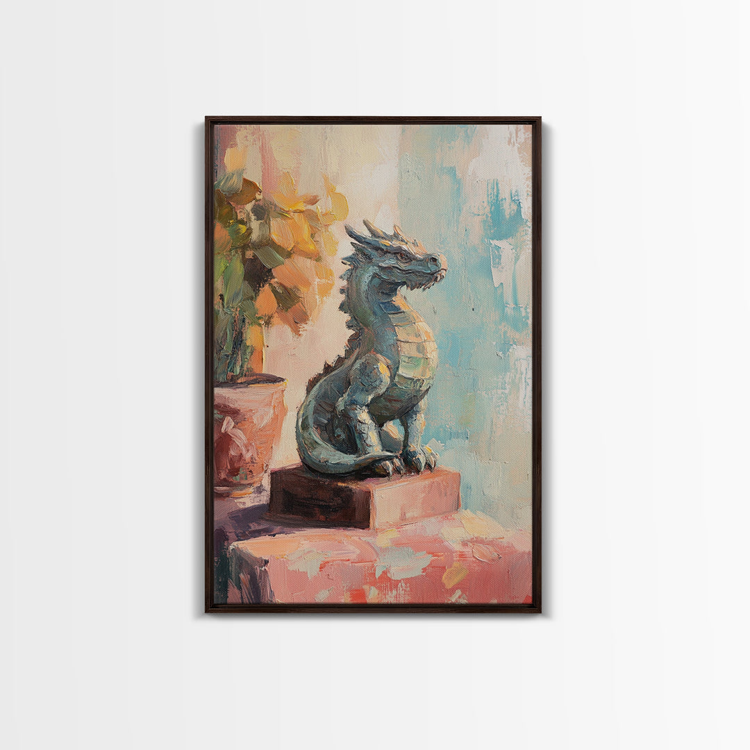 Blue Dragon Statue Fantasy Canvas Print, Whimsical Wall Art, Mythical Creature Nursery Decor, Kids Room Art, Unique Gift