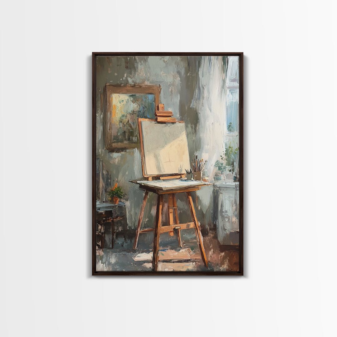 Sunlit Artist Studio Easel Framed Canvas Print, Office Wall Art, Creative Home Decor, Gift For Painter, Modern Wall Decor