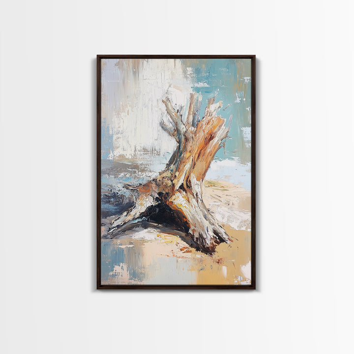 Textured Driftwood Stump On Sandy Shore Wall Art, Coastal Beach House Decor, Neutral Nature Print, Rustic Seaside Painting