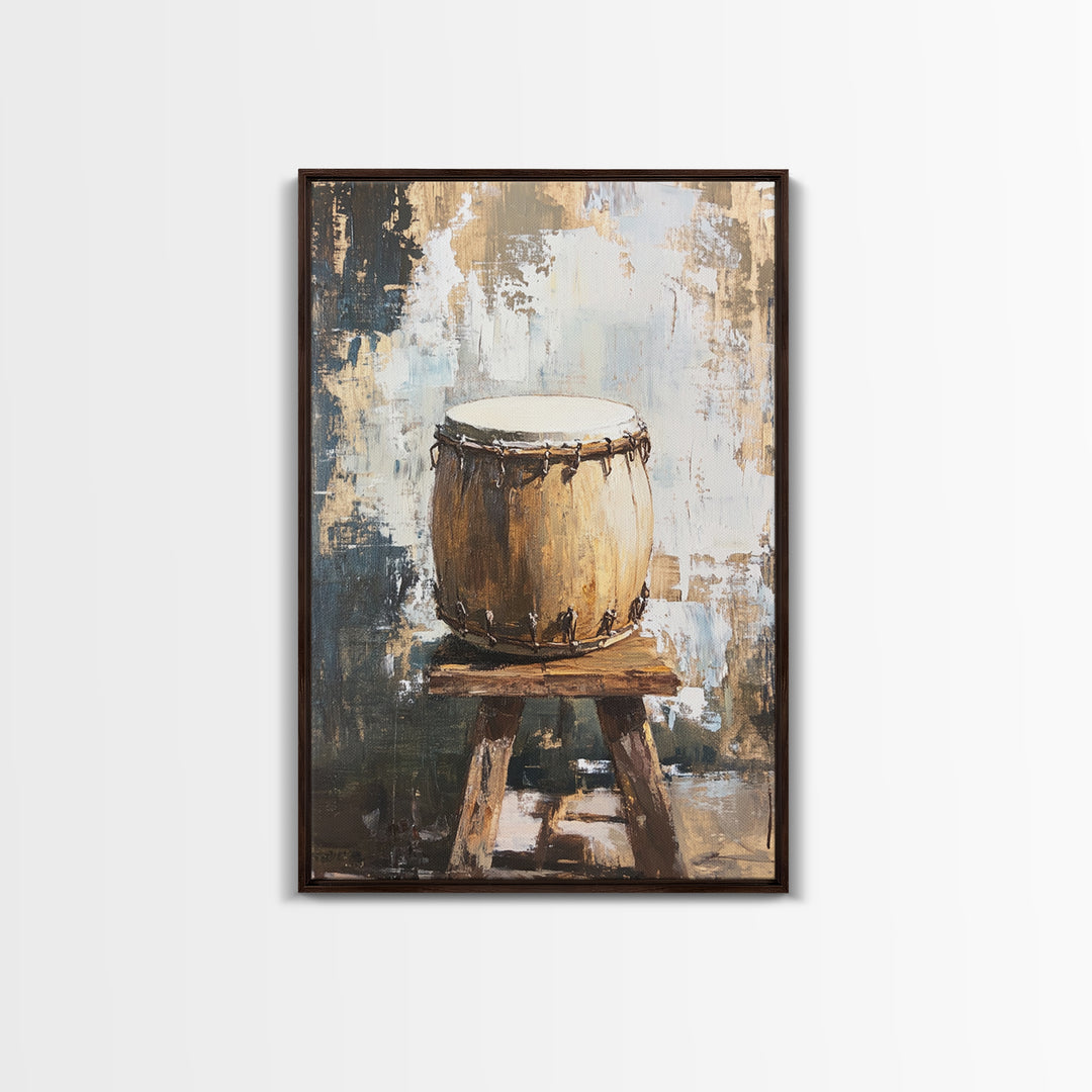 Rustic Hand Drum On Wooden Stool Canvas Print, Music Room Decor, African Inspired Art, Earth Tone Wall Decor, Gift For Him