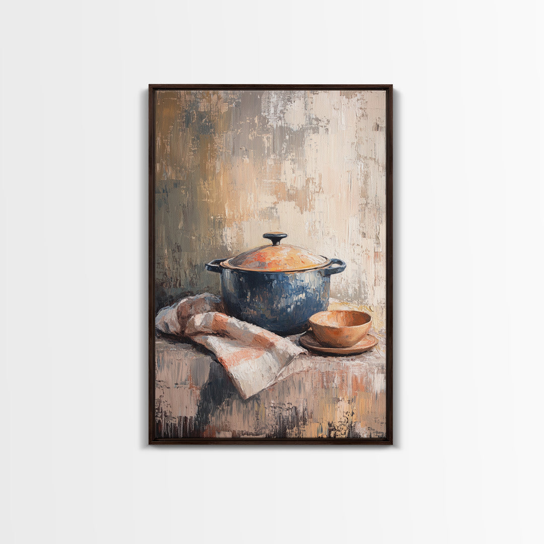 Blue Dutch Oven With Bread And Bowl Framed Canvas Print, Rustic Kitchen Wall Art, Farmhouse Decor, Cozy Still Life Painting
