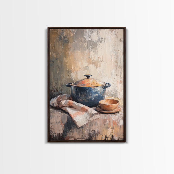 Blue Dutch Oven With Bread And Bowl Framed Canvas Print, Rustic Kitchen Wall Art, Farmhouse Decor, Cozy Still Life Painting