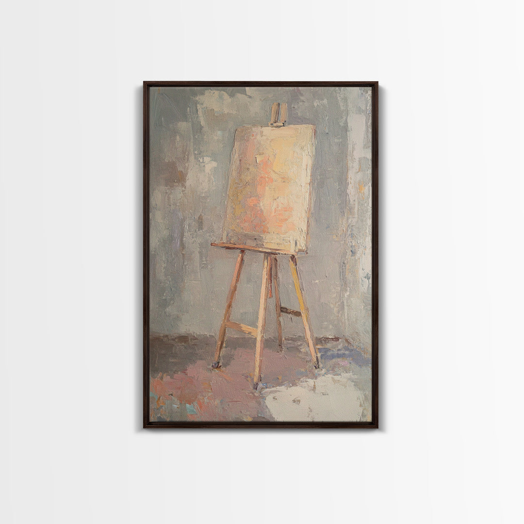 Empty Easel With Textured Blank Canvas Wall Art, Artist Studio Decor, Minimalist Neutral Art Print, Creative Office Gift