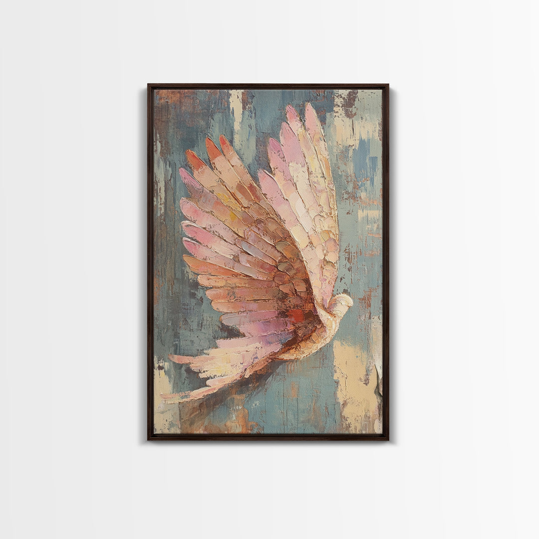 Pastel Dove In Flight With Textured Wings Wall Art, Peaceful Bird Painting, Spiritual Home Decor, Nursery Or Living Room Print