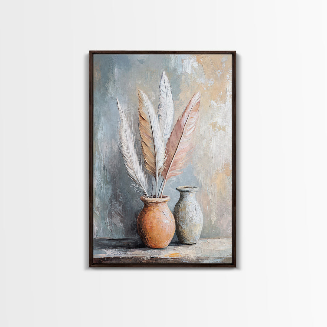 Soft Neutral Feathers In Ceramic Vases Framed Canvas Print, Boho Coastal Wall Art, Japandi Living Room Decor Gift For Bedroom