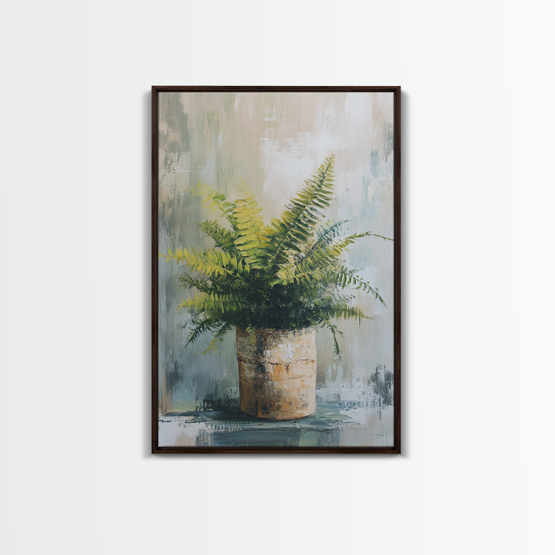 Green Fern In Rustic Pot Canvas Print, Botanical Wall Art, Neutral Plant Painting For Japandi Modern Home Decor Gift For Living Room