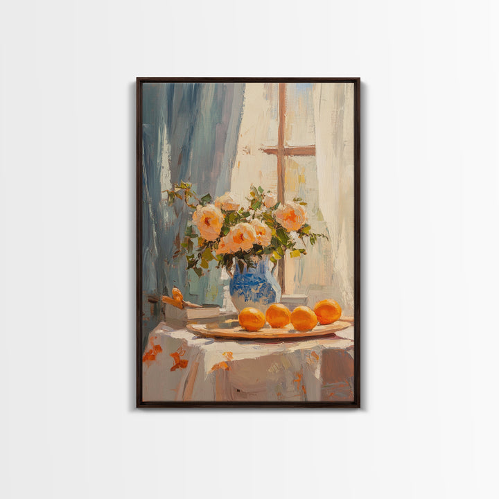 Peach Roses And Oranges By Window Framed Canvas Print, Kitchen Wall Art, French Country Decor, Floral Still Life Gift For Her