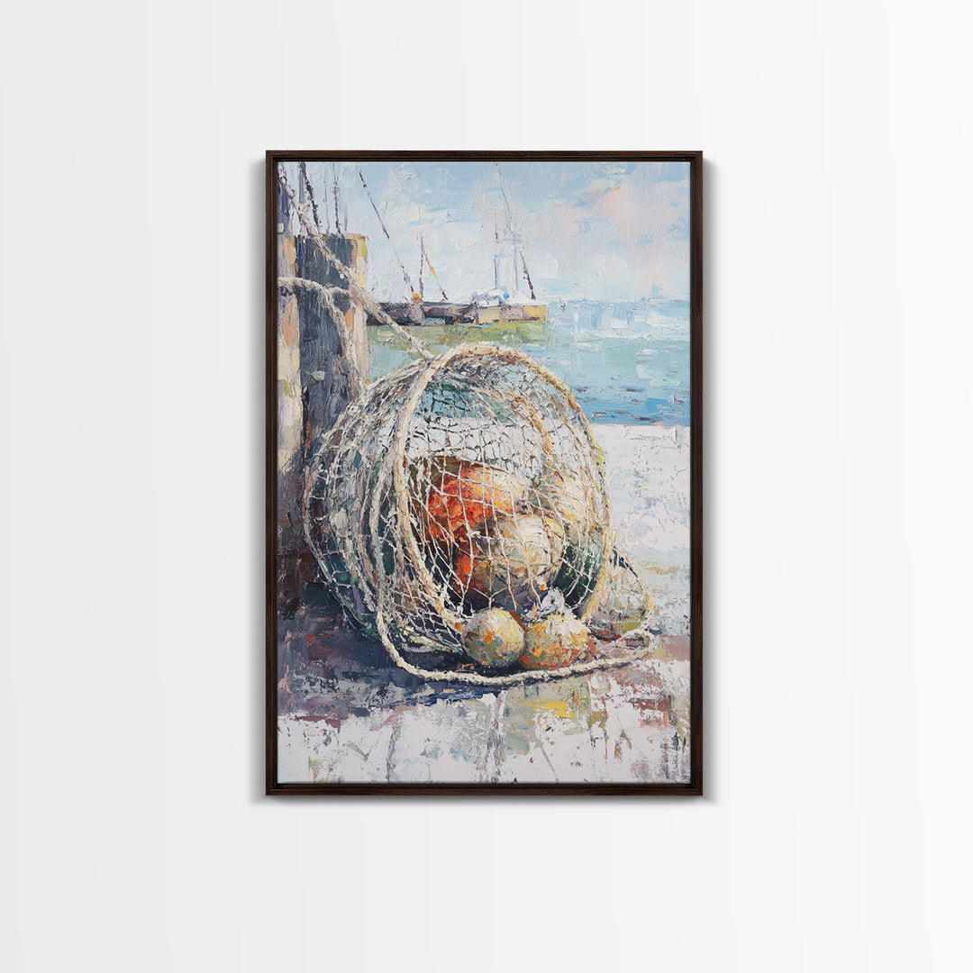 Fishing Net And Buoys By Harbor Wall Art, Coastal Wall Decor, Nautical Canvas Print, Beach House Decor, Ocean Art, Gift For Him