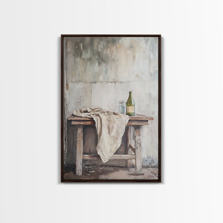 Rustic Wine Bottle And Linen On Weathered Table Framed Canvas Print, Neutral Farmhouse Kitchen Wall Decor Gift For New Home