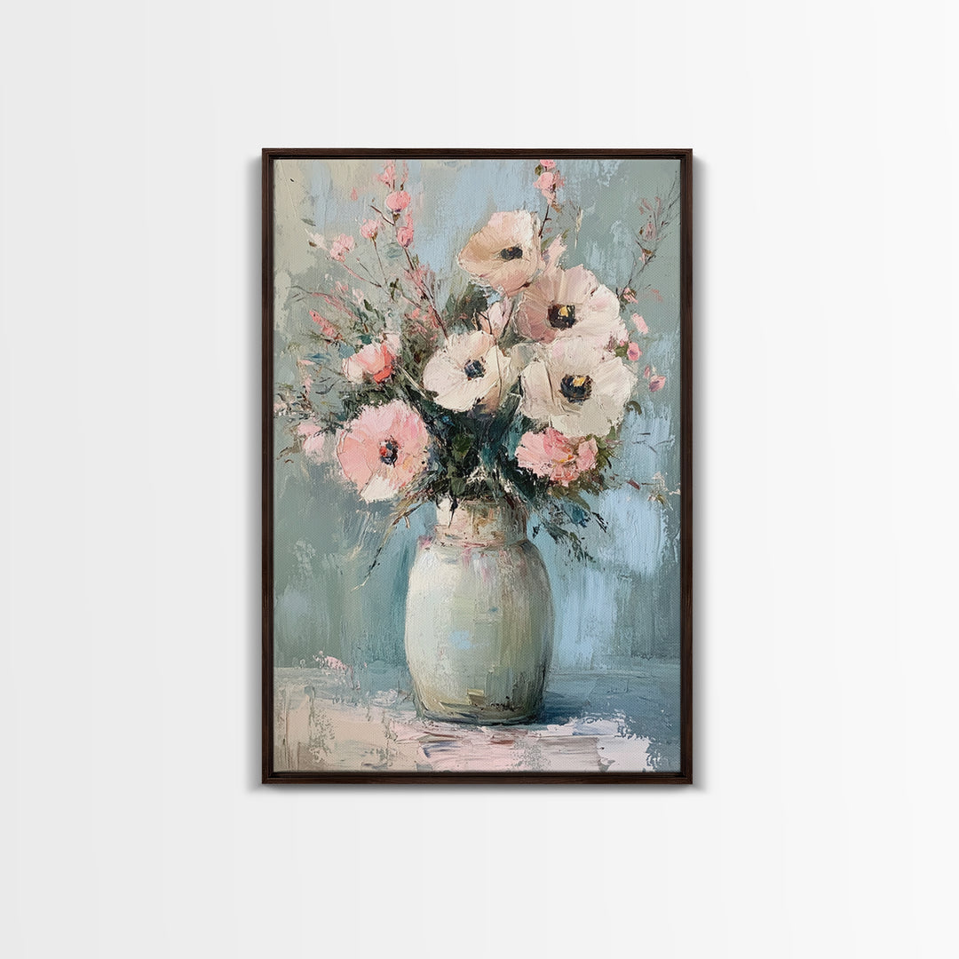 Soft Pink Poppies In Pale Ceramic Vase Wall Art, Textured Floral Canvas Print, Feminine Bedroom Decor Romantic Gift For Her