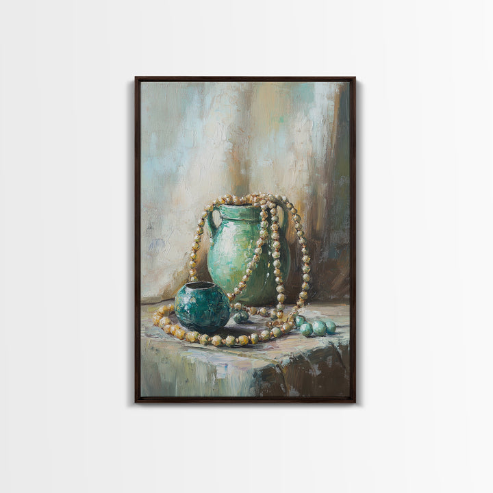 Turquoise Vases With Pearl Beads Still Life Wall Art, Elegant Framed Canvas Print For Bedroom Office Decor Gift For Her