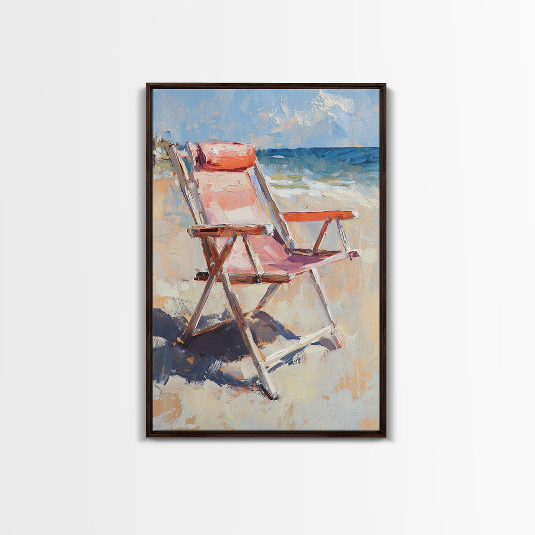 Pink Beach Chair Beside Blue Ocean Canvas Print, Coastal Wall Art For Beach House Decor, Summer Living Room Gift For Her
