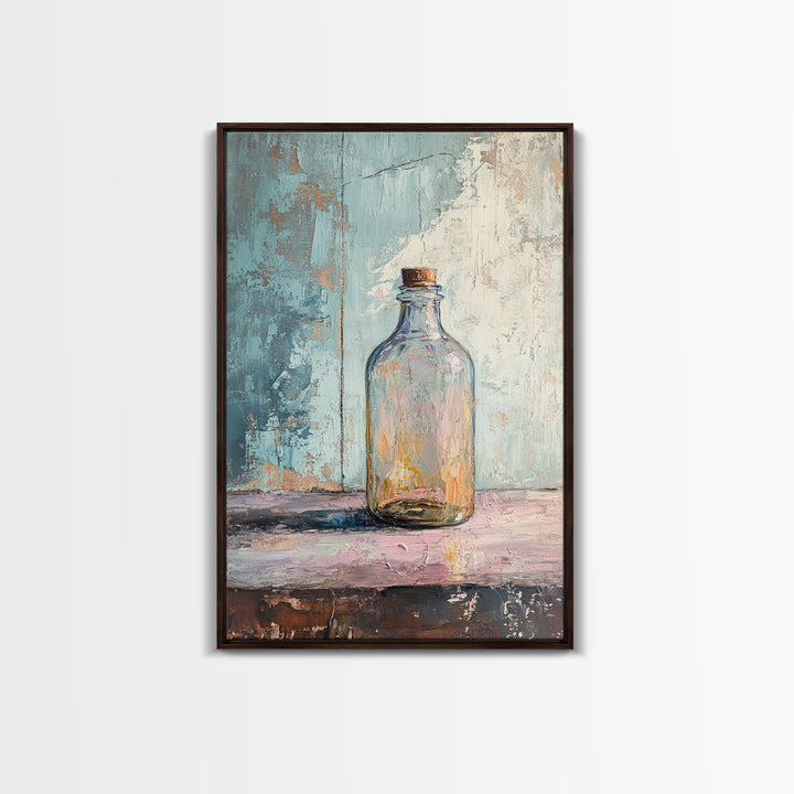 Iridescent Glass Bottle On Blue Plaster Wall Art, Minimalist Still Life Print, Wabi Sabi Kitchen Decor, Modern Home Gift
