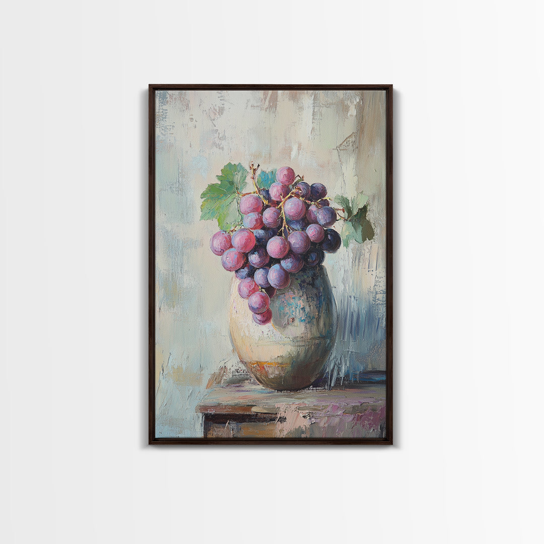 Purple Grapes In Rustic Ceramic Vase Wall Art, Vineyard Still Life Oil Painting, Wine Kitchen Decor, Farmhouse Canvas Print