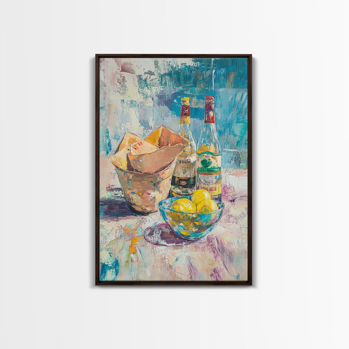 Bottles Lemons And Ice Bucket Canvas Print, Colorful Bar Cart Wall Art, Cocktail Kitchen Decor, Eclectic Dining Room Print