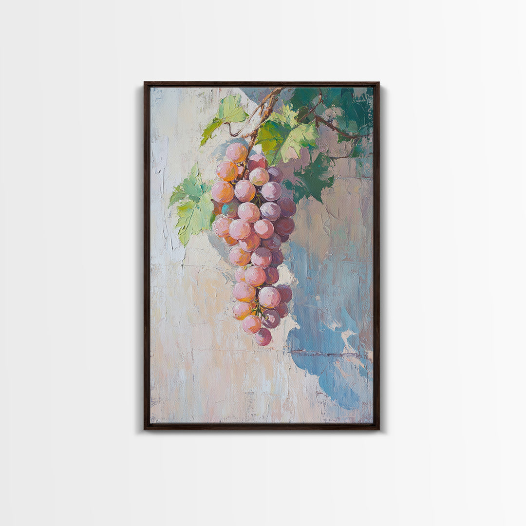 Blush Pink Grapes Hanging On Vine Wall Art, Vineyard Canvas Print, Wine Country Kitchen Decor, Soft Coastal Farmhouse Art