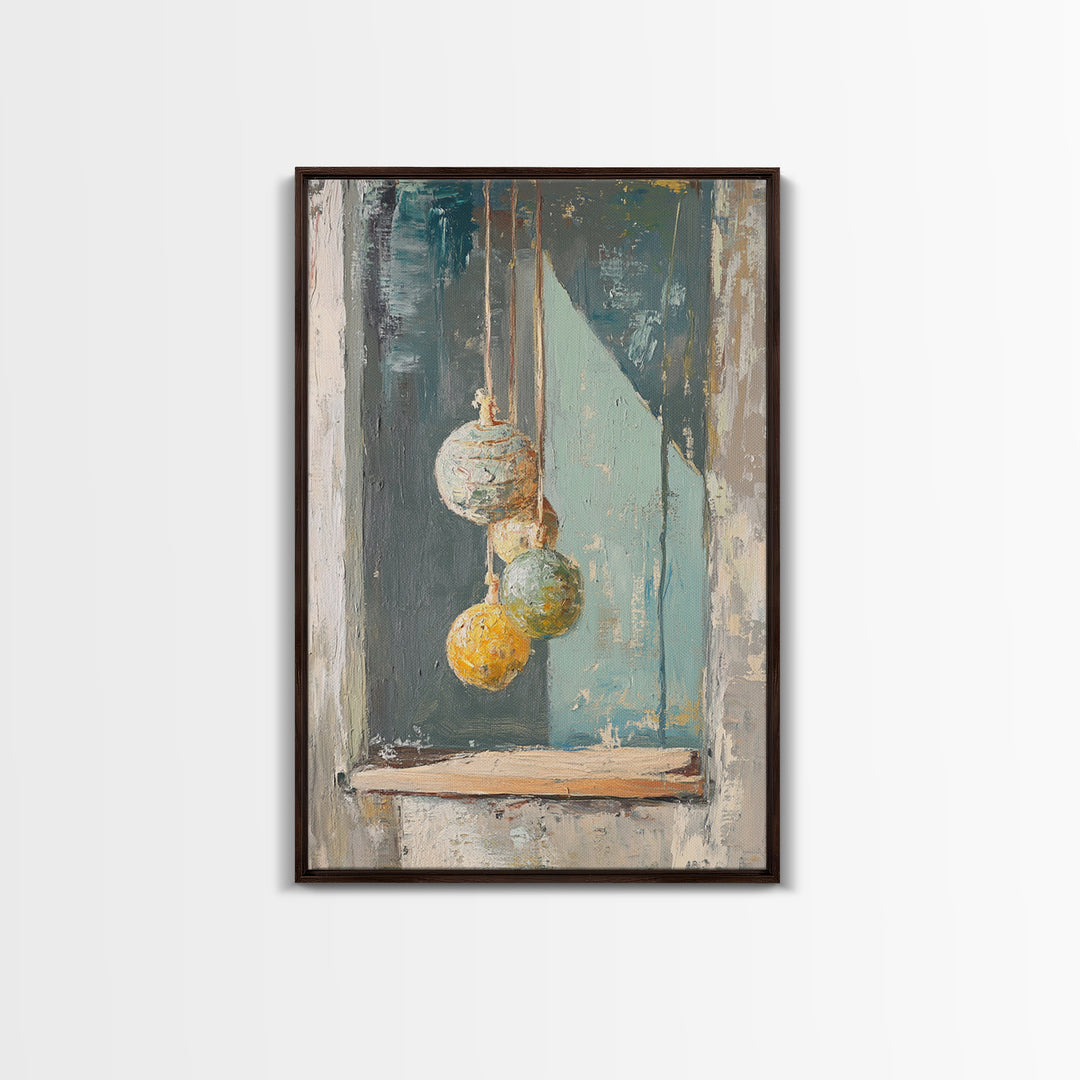 Hanging Textured Ornaments Canvas Print, Rustic Window Still Life, Boho Wall Decor, Neutral Modern Farmhouse Home Decor Art
