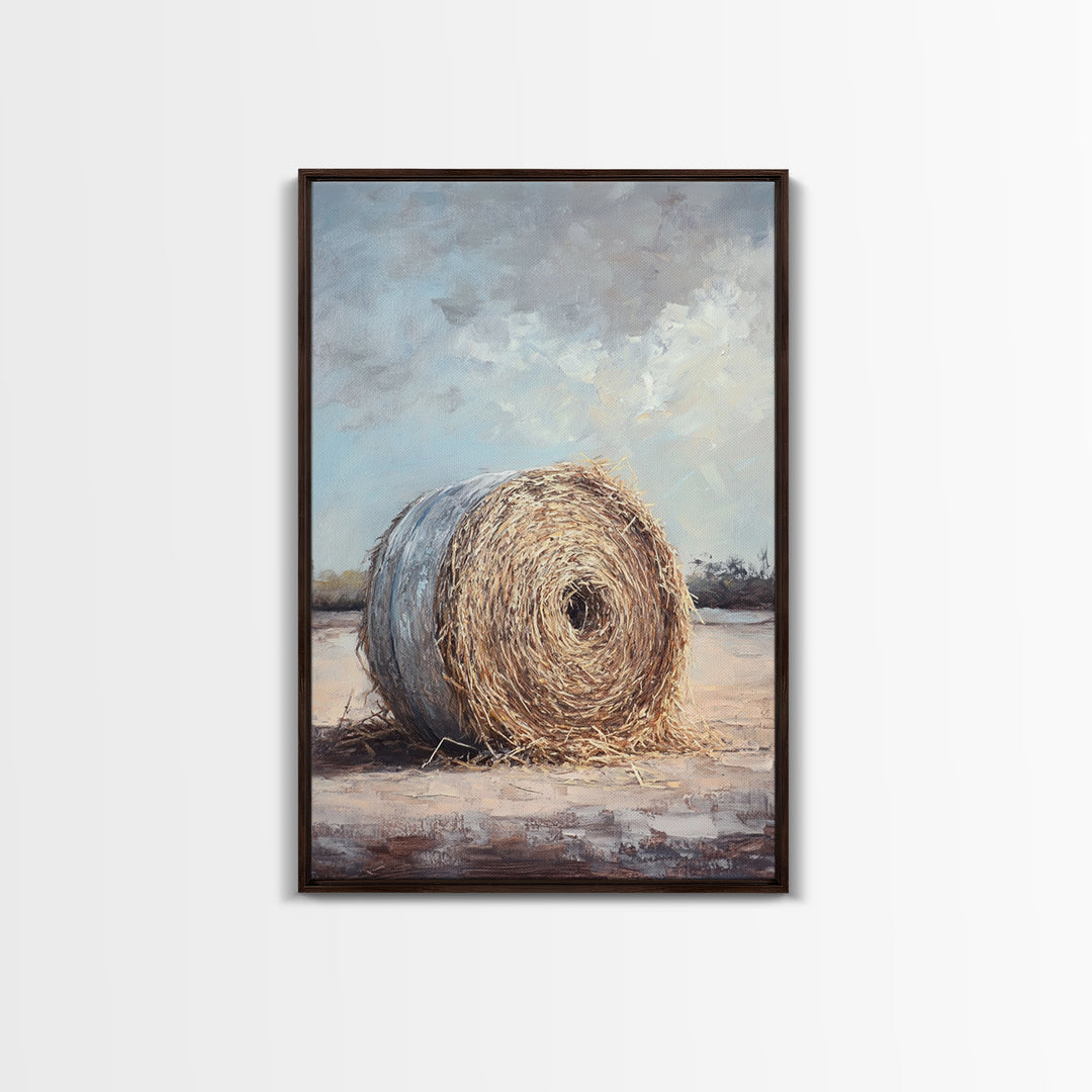 Round Hay Bale Field Wall Art, Rustic Farmhouse Landscape Painting, Country Home Decor, Neutral Large Canvas Print Gift For Her