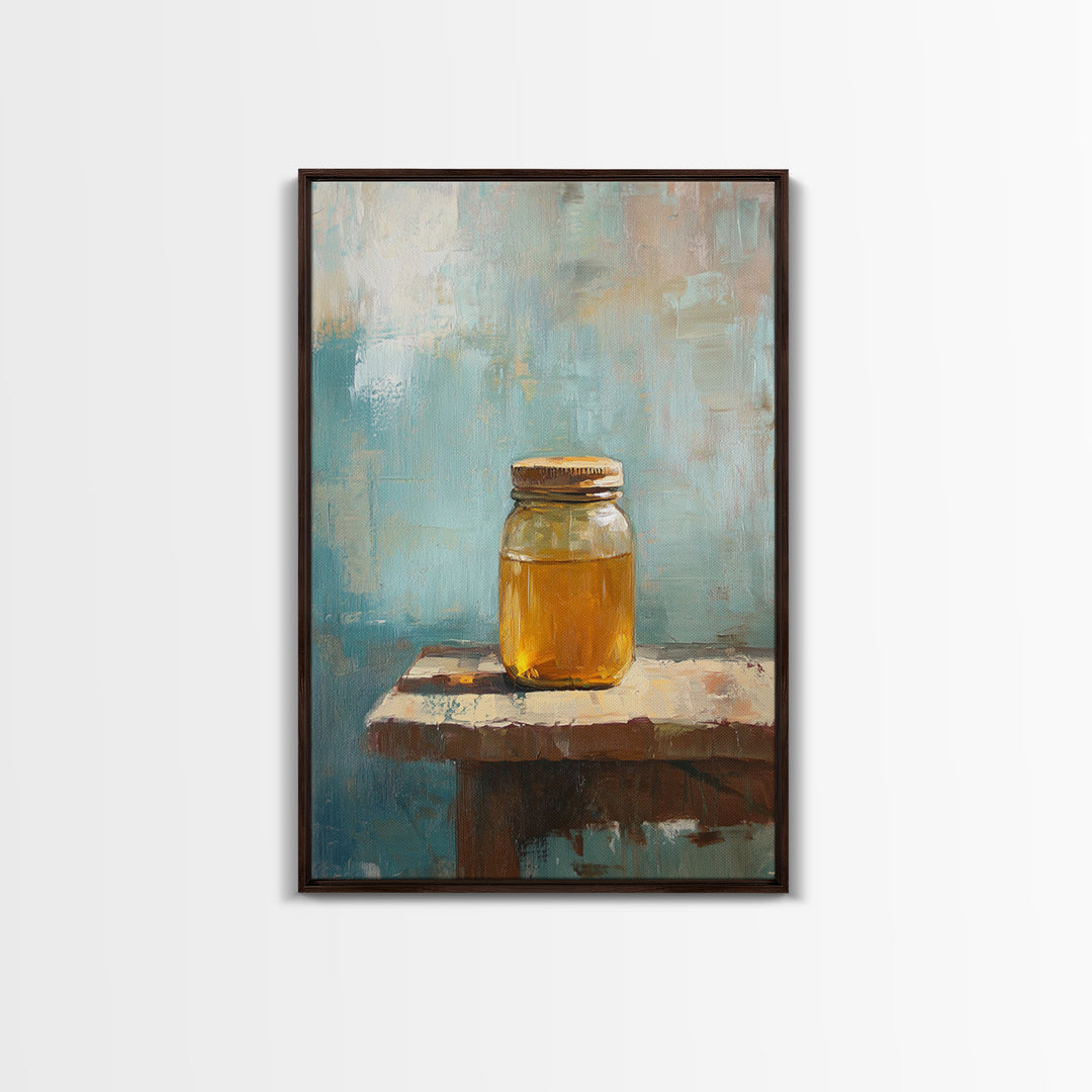 Golden Honey Jar Canvas Print, Rustic Kitchen Wall Art, Farmhouse Still Life Decor, Bee Lover Gift, Modern Home Decor Art
