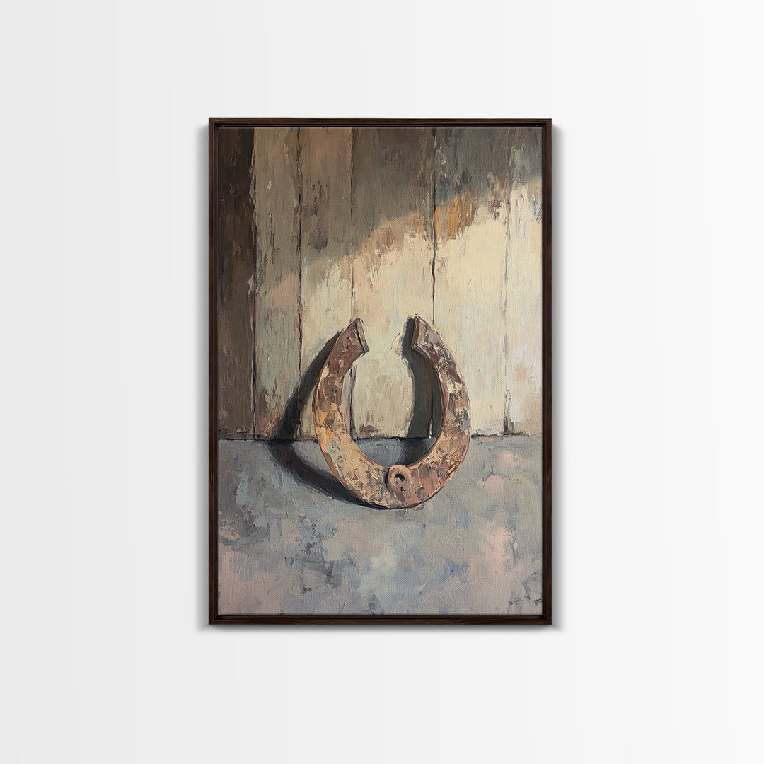 Rusty Horseshoe Still Life Wall Art, Western Farmhouse Decor, Rustic Country Canvas Print, Horse Lover Gift For Him Man Cave Decor