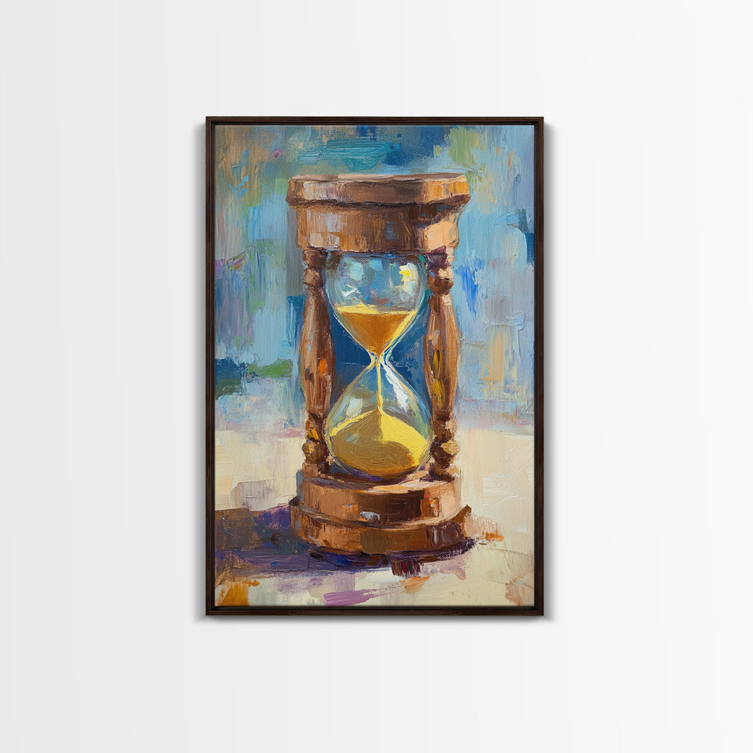 Wooden Hourglass With Golden Sand Framed Canvas Print, Modern Wall Art, Rustic Home Decor, Office Decor, Housewarming Gift
