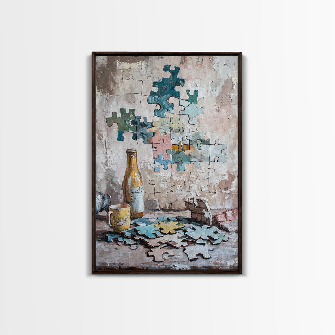 Puzzle Pieces And Bottle Still Life Canvas Print, Whimsical Wall Art, Game Room Decor, Eclectic Wall Art, Unique Gift, Living Room Decor