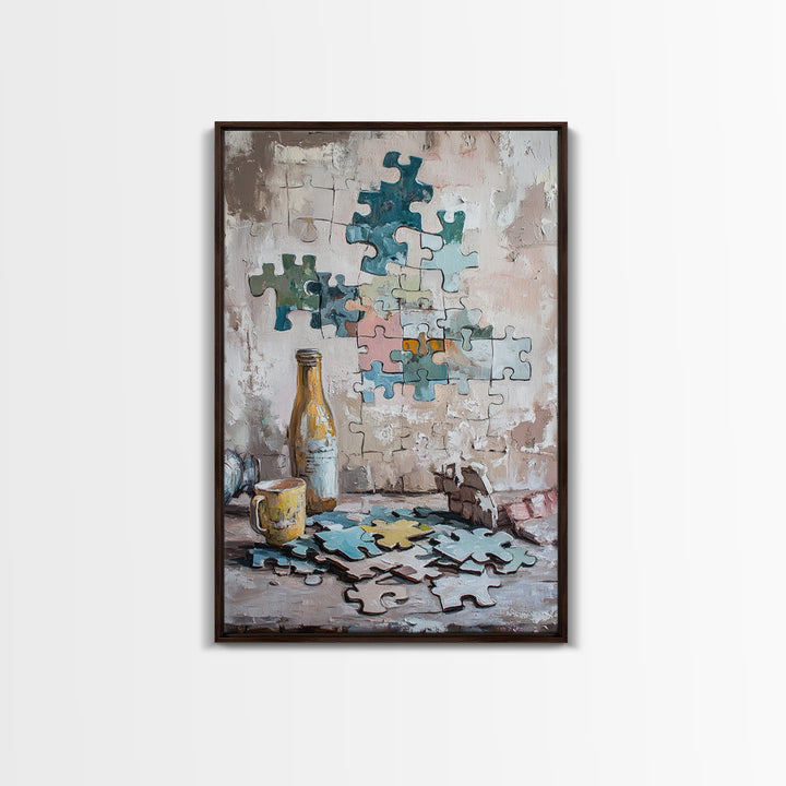 Puzzle Pieces And Bottle Still Life Canvas Print, Whimsical Wall Art, Game Room Decor, Eclectic Wall Art, Unique Gift, Living Room Decor