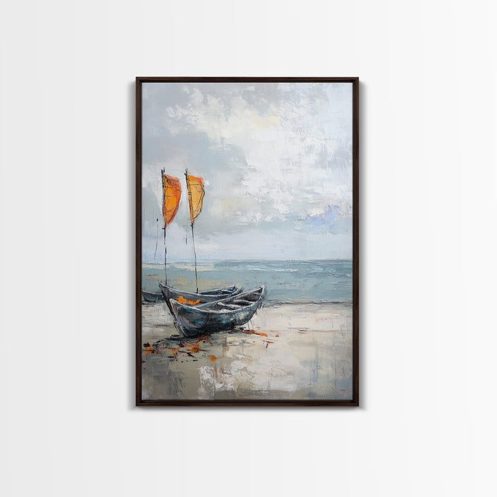Orange Sailboats On Misty Beach Framed Canvas Print, Coastal Wall Art, Nautical Decor, Ocean Seascape Beach House Gift For Him