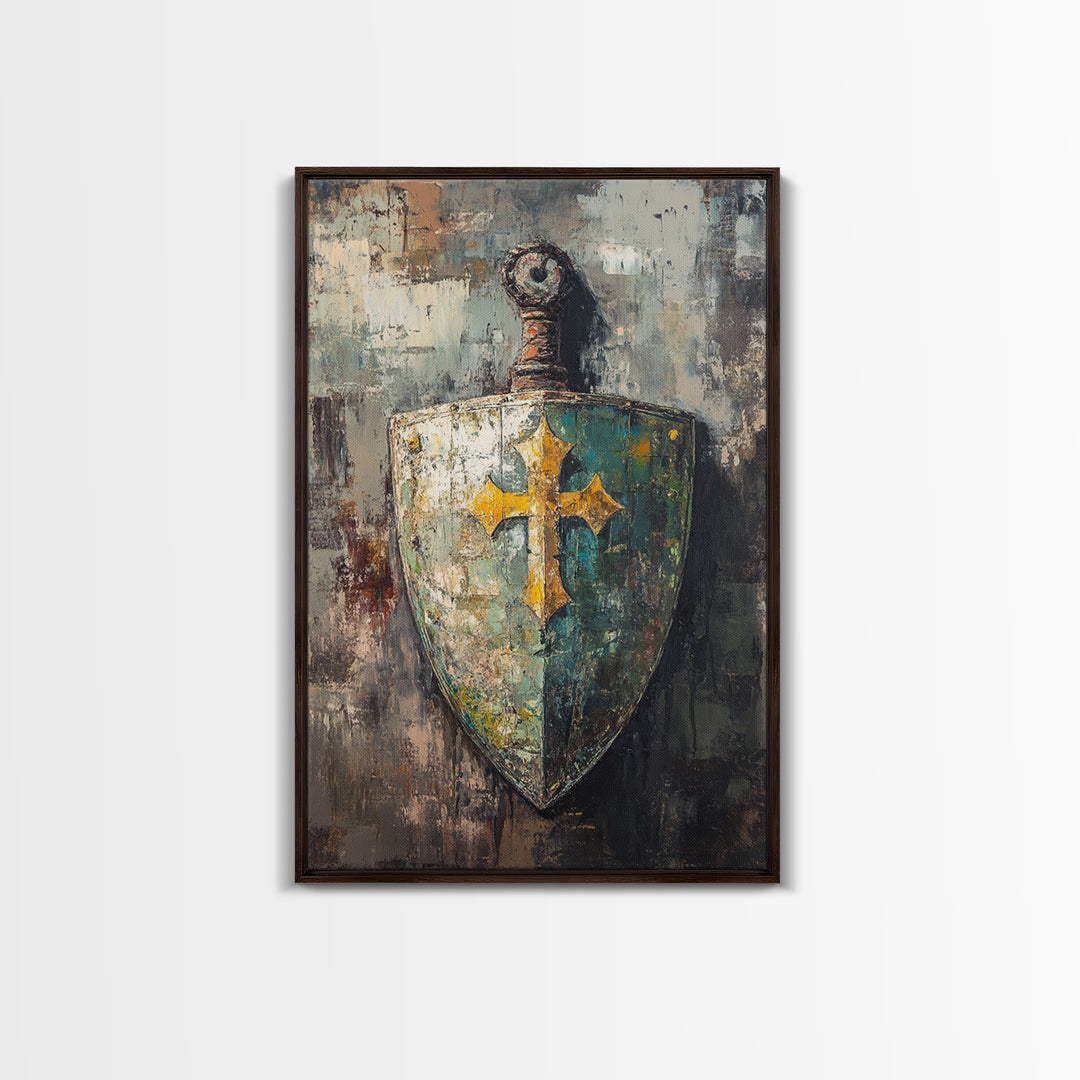 Medieval Shield And Sword Wall Art, Gothic Framed Canvas Print, Fantasy Decor, Knight Armor Gift For Him Home Office Man Cave Decor