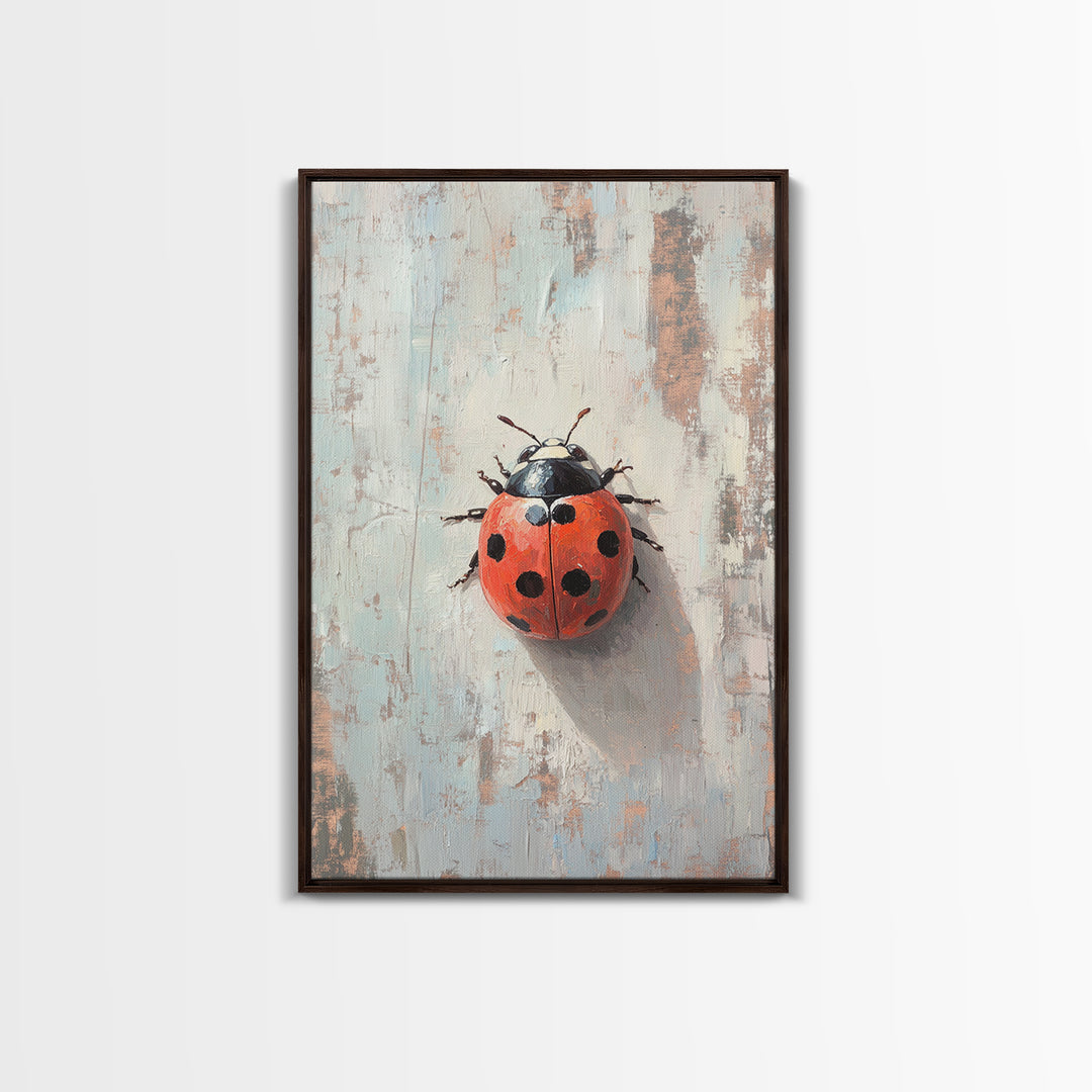 Bright Red Ladybug On Textured Wood Wall Art, Whimsical Animal Art Print, Nature Inspired Decor, Cute Nursery Gift, Garden Lover Decor